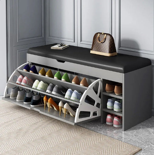 Dulap pentru pantofi tip bancheta, 80 x 30 x 51 cm, Alb/Maro/Gri