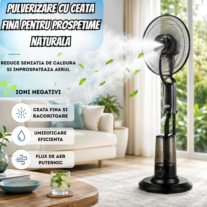 Ventilator cu Pulverizare Apa, 75W, Diametru 43 cm, 3 viteze, Timer 7.5 ore, Rezervor 3.2L, Silentios, Oscilatie 80 grade, Telecomanda, Racire rapida, Ideal pentru casa si terasa, Negru