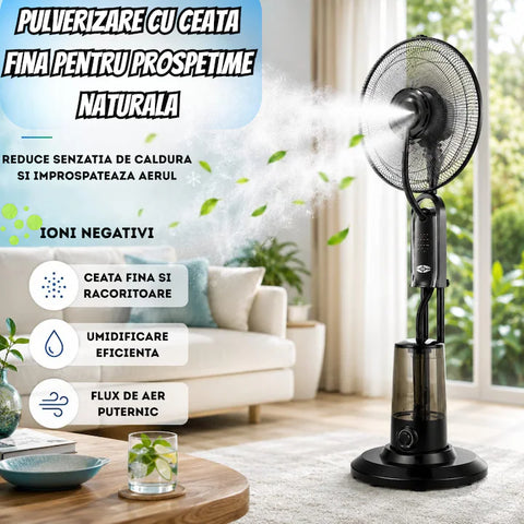 Ventilator cu Pulverizare Apa, 75W, Diametru 43 cm, 3 viteze, Timer 7.5 ore, Rezervor 3.2L, Silentios, Oscilatie 80 grade, Telecomanda, Racire rapida, Ideal pentru casa si terasa, Negru