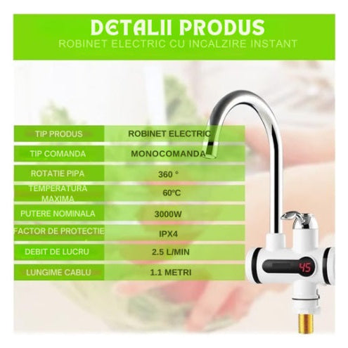 Robinet electric pentru apa calda instant, afisaj LCD, 360 grade, temperatura reglabila, putere 3KW