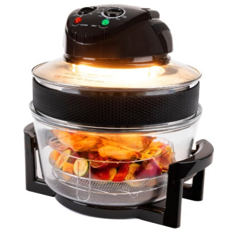 cuptor cu halogen LIVIVO 17L cu element de autocurățare de 1400 W și comenzi analogice ușoare, accesorii inclusiv inel de prelungire, suporturi și clești (negru) și (gri)
