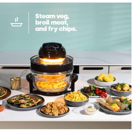 cuptor cu halogen LIVIVO 17L cu element de autocurățare de 1400 W și comenzi analogice ușoare, accesorii inclusiv inel de prelungire, suporturi și clești (negru) și (gri)