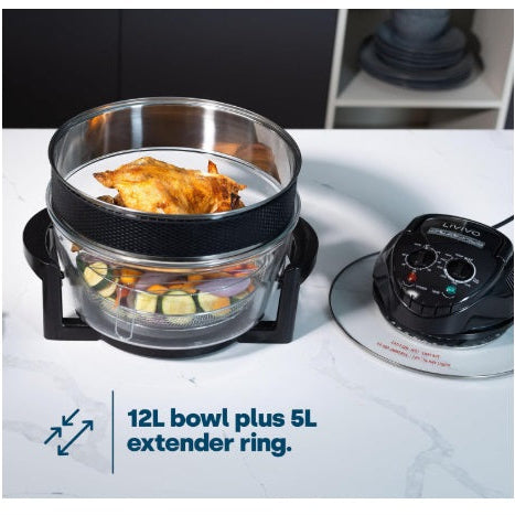 cuptor cu halogen LIVIVO 17L cu element de autocurățare de 1400 W și comenzi analogice ușoare, accesorii inclusiv inel de prelungire, suporturi și clești (negru) și (gri)