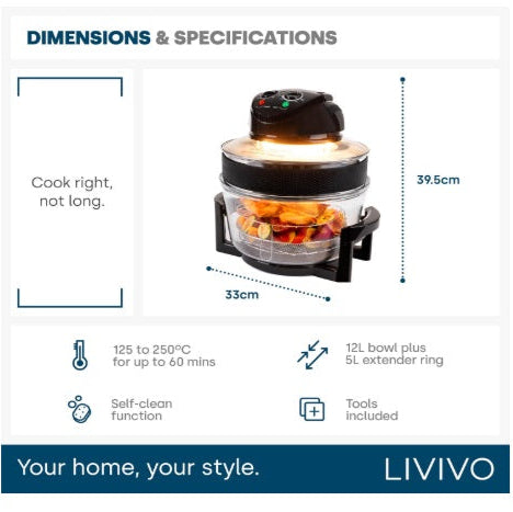 cuptor cu halogen LIVIVO 17L cu element de autocurățare de 1400 W și comenzi analogice ușoare, accesorii inclusiv inel de prelungire, suporturi și clești (negru) și (gri)