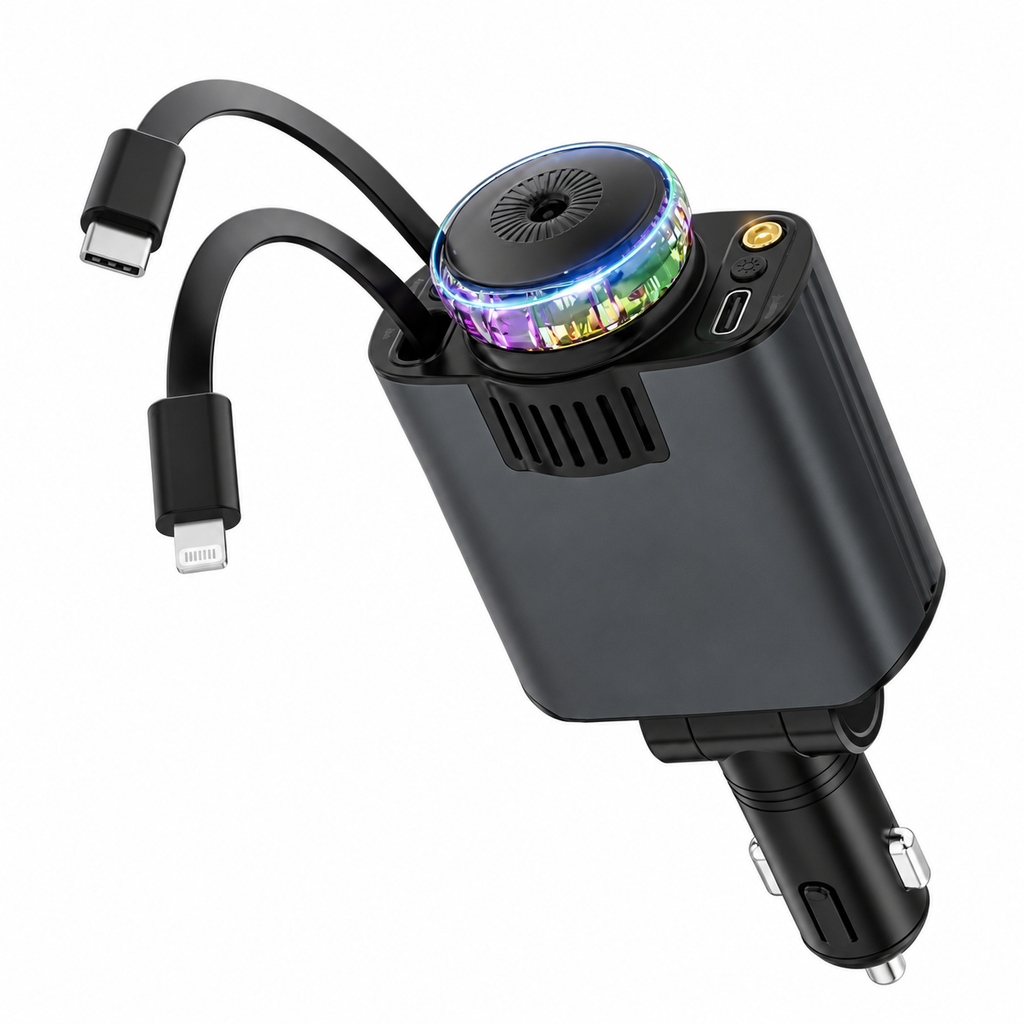 Încărcător auto 5 în 1 cu cabluri USB-C și Lightning, difuzor de aromă și proiector Starlight