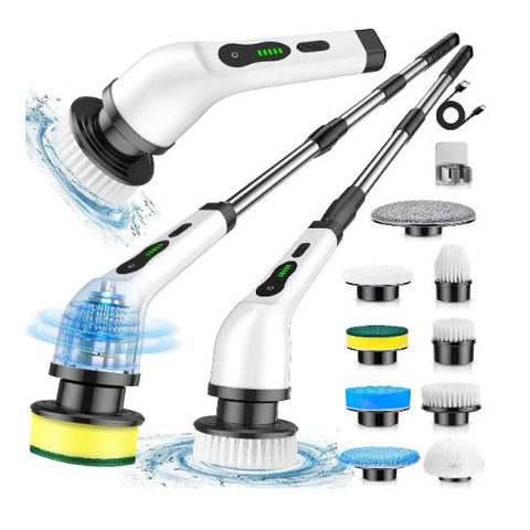 Perie electrica rotativa pentru curatare eficienta fara efort, maner extensibil, multifunctionala fara fir, baterie cu incarcare USB tip C, 2500mAh, pentru diverse suprafete, cu 9 capete detasabile
