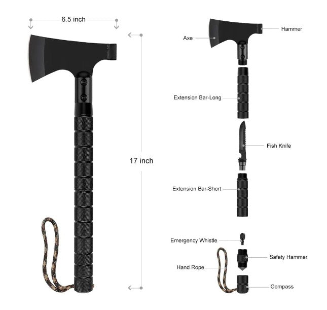 Kit supraviețuire, pentru camping, portabil, pliabil, din oțel carbon: topor, fluier, cuțit, busolă