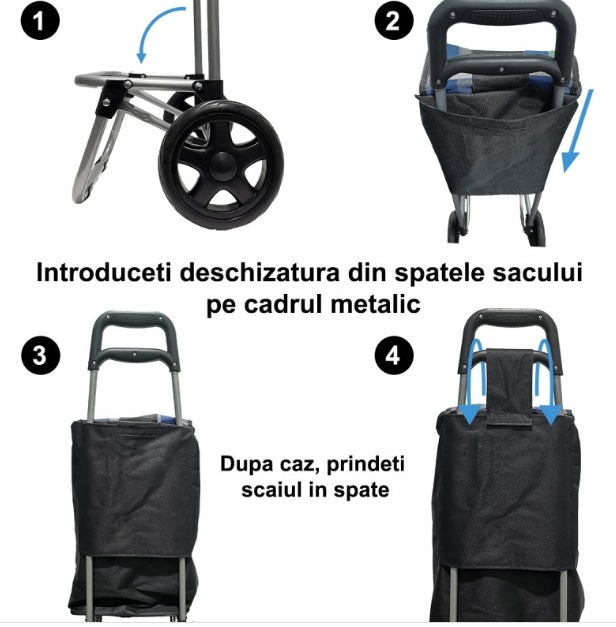 Căruț de cumpărături, 2 roți, cadru metalic, pliabil, 45 l