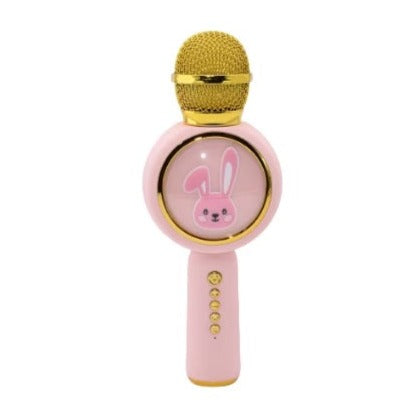 Microfon Karaoke cu Bluetooth pentru copii, 4 efecte voce, card TF, Recorder, led multicolor RGB, bunny roz