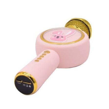 Microfon Karaoke cu Bluetooth pentru copii, 4 efecte voce, card TF, Recorder, led multicolor RGB, bunny roz
