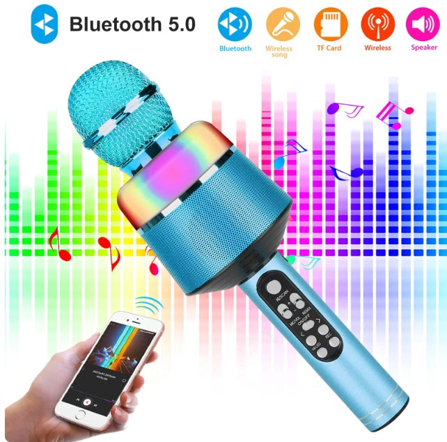 Microfon 5 in 1, Difuzor cu funcție de lumină LED Recorder, Microfon Karaoke, Cadou pentru copii