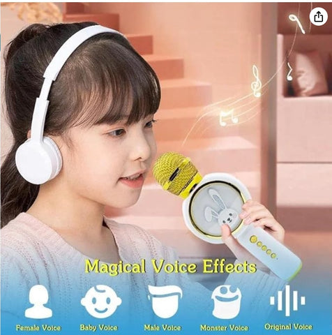 Microfon Karaoke cu Bluetooth, 4 efecte voce, card TF, Recorder, LED RGB, iepuraș