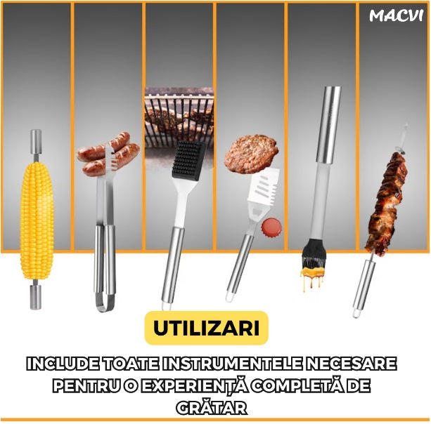 Set ustensile pentru gratar  26 piese, otel inoxidabil,geanta transport aluminiu captusita 43x27x8cm