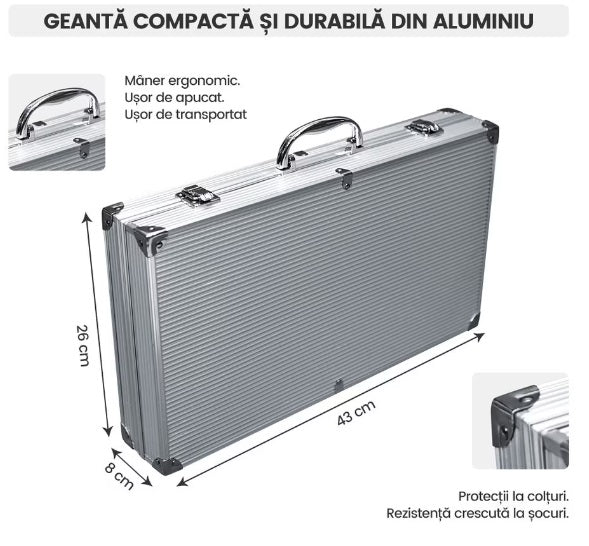 Set ustensile pentru gratar  26 piese, otel inoxidabil,geanta transport aluminiu captusita 43x27x8cm