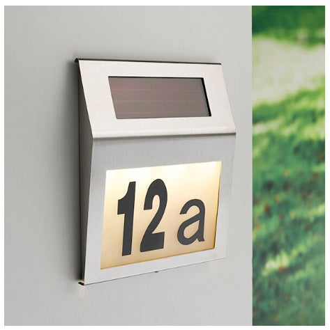 Numar de casa din inox, cu iluminare 4 LED, 1,2 V 400 mAH, alimentare solara, aprindere automata