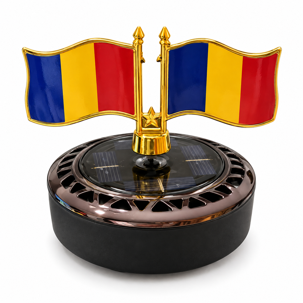 Odorizant auto solar rotativ cu două steaguri ale României, bază neagră și suport auriu