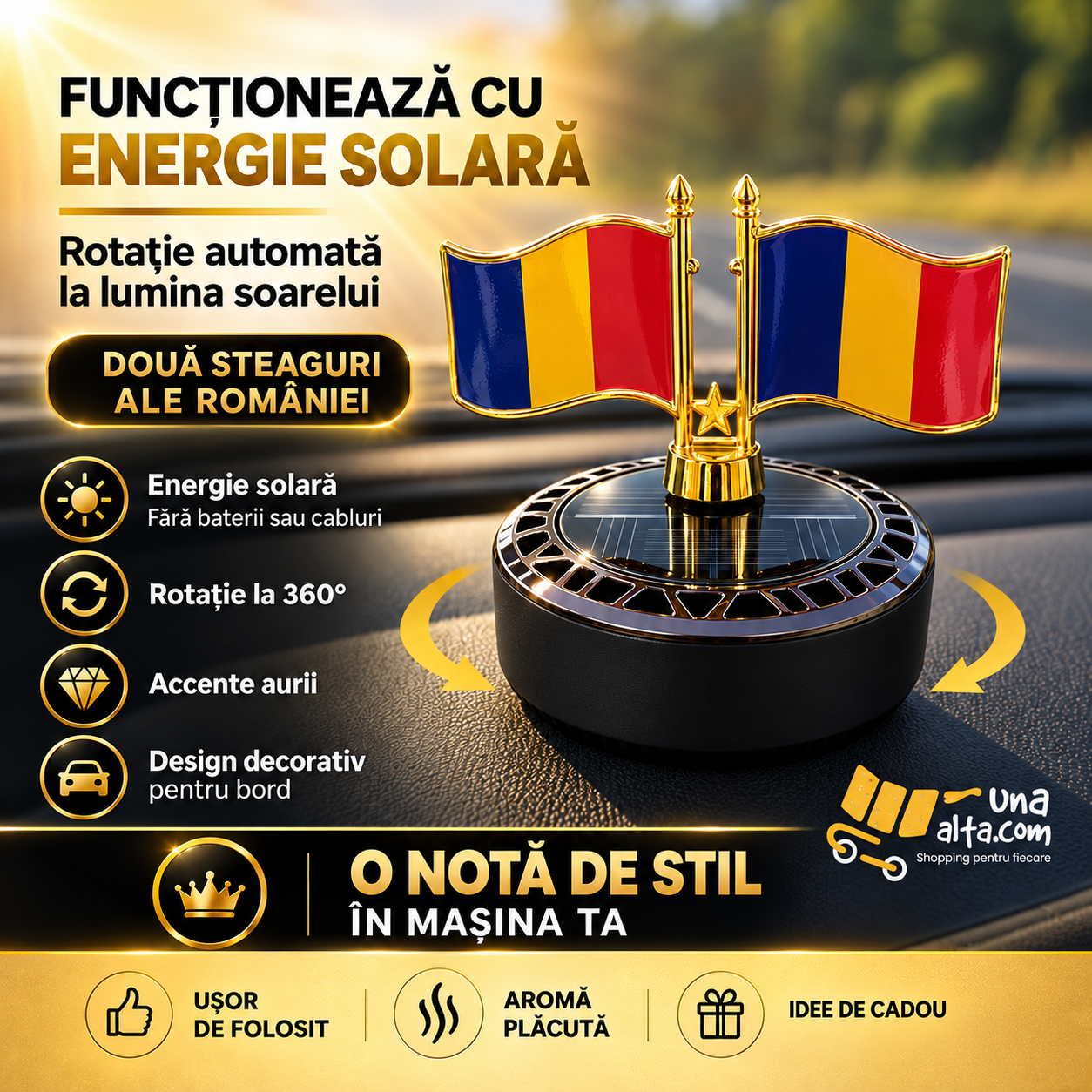 Funcționare cu energie solară și rotație automată la 360 de grade