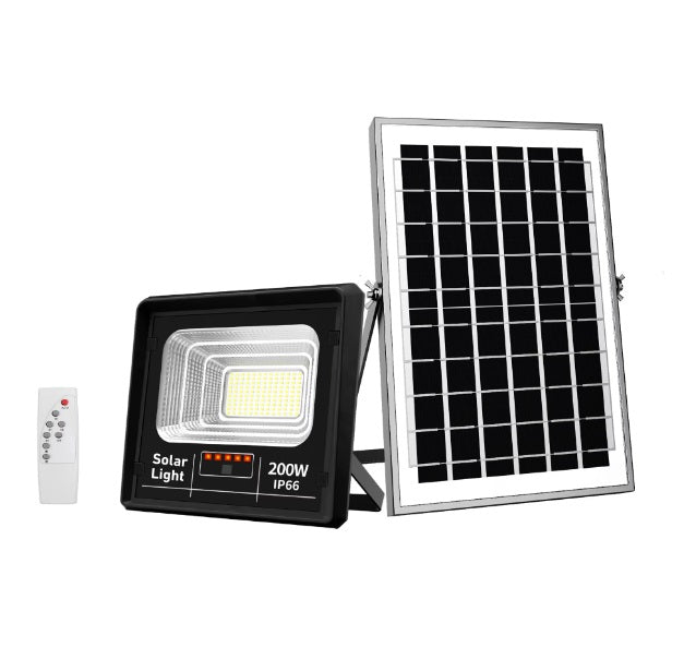 Proiector solar puternic JORTAN de 200W, 130 LED SMD, panou solar si telecomanda, IP66