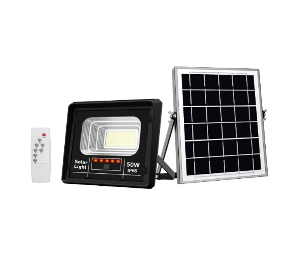 Proiector solar puternic JORTAN de 50W, 70 LED SMD, panou solar si telecomanda, IP66