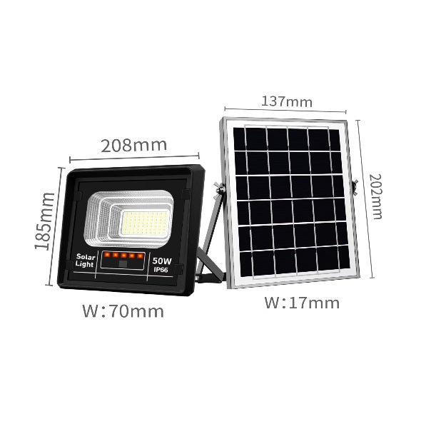 Proiector solar puternic JORTAN de 50W, 70 LED SMD, panou solar si telecomanda, IP66