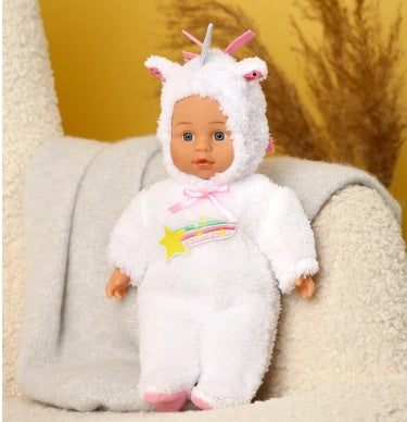 Papușă bebeluș, îmbracat cu costum de unicorn, poliester, 3 ani, 19x11x34cm – imagine 2