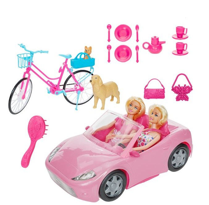 Vehicul Decapotabil Roz cu 2 Papusi Bicicleta & Caine