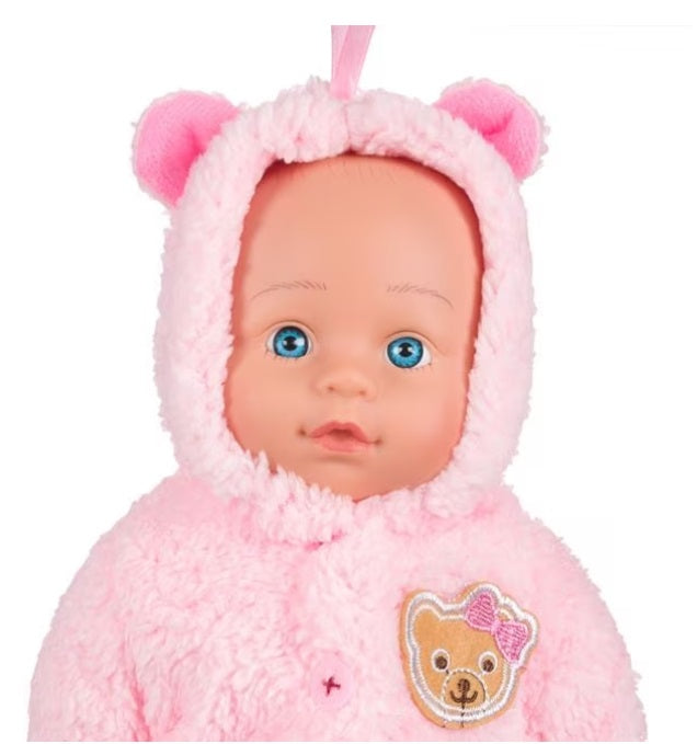 Papusa bebelus cu imbracaminte roz model ursulet cu urechiute si gluga