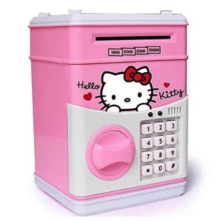 Pusculita pentru copii, cu functie ATM, cod pin si seif, Roz/Alb, Hello Kitty