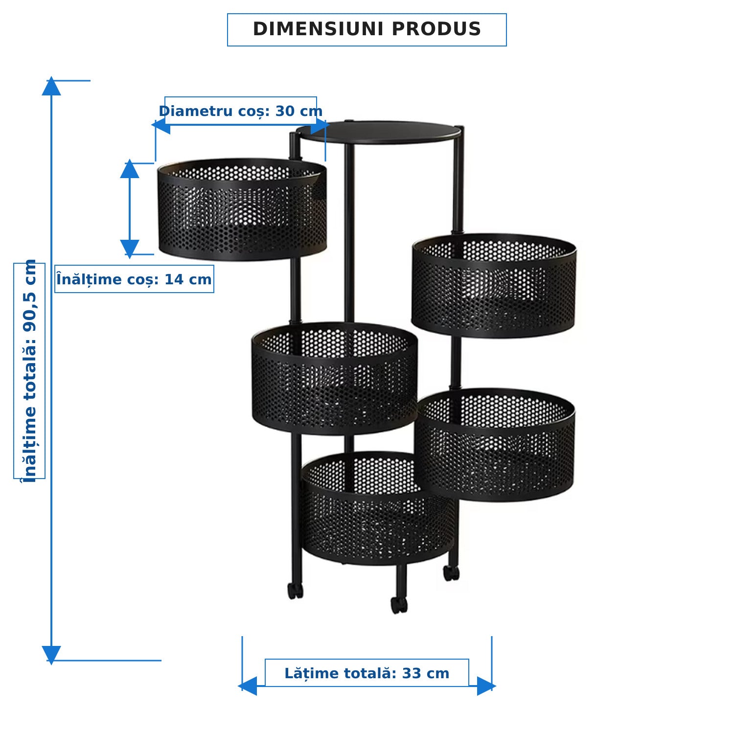 Raft organizator metalic cu 5 coșuri rotative, roți pivotante 360°, 33 x 90,5 cm, negru mat