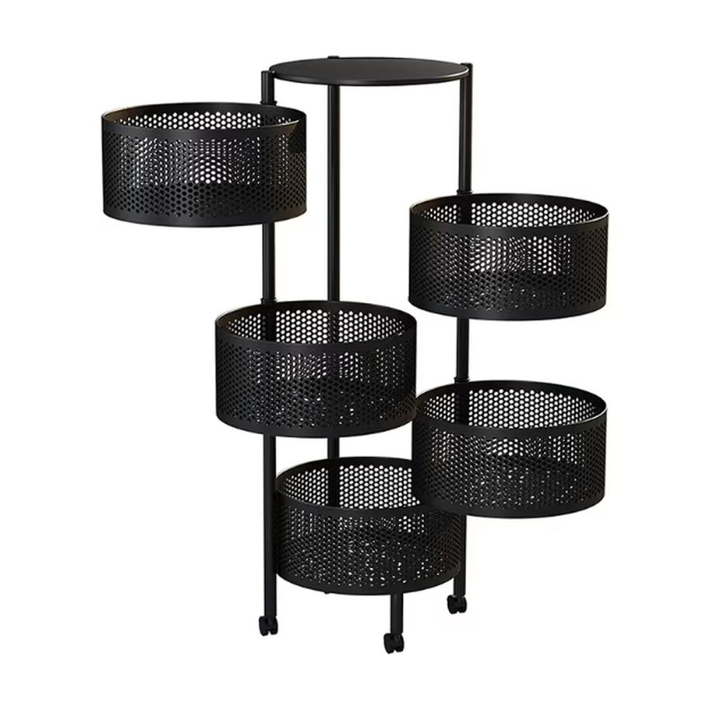 Raft organizator metalic cu 5 coșuri rotative, roți pivotante 360°, 33 x 90,5 cm, negru mat