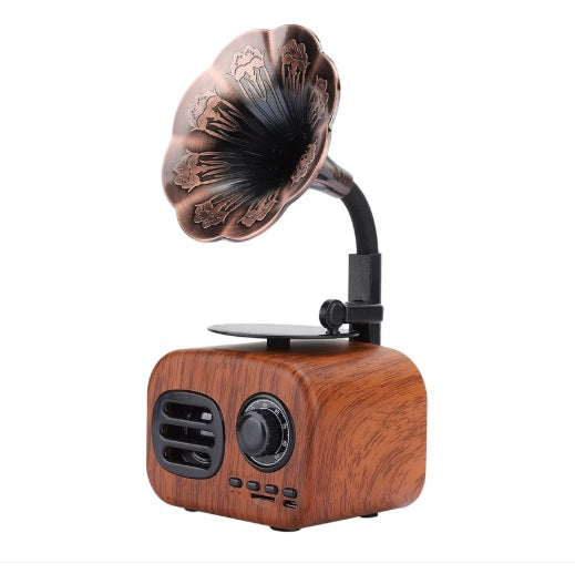 Boxă radio retro portabilă cu Bluetooth 4.1, FM, USB, TF, AUX, baterie 1200 mAh, design maro aspect de lemn