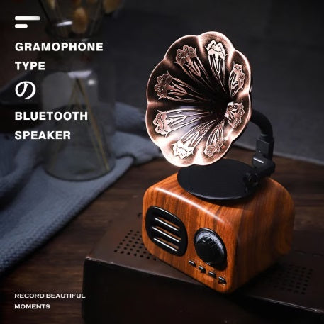 Boxă radio retro portabilă cu Bluetooth 4.1, FM, USB, TF, AUX, baterie 1200 mAh, design maro aspect de lemn