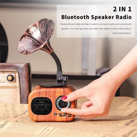 Boxă radio retro portabilă cu Bluetooth 4.1, FM, USB, TF, AUX, baterie 1200 mAh, design maro aspect de lemn