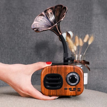 Boxă radio retro portabilă cu Bluetooth 4.1, FM, USB, TF, AUX, baterie 1200 mAh, design maro aspect de lemn