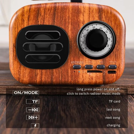 Boxă radio retro portabilă cu Bluetooth 4.1, FM, USB, TF, AUX, baterie 1200 mAh, design maro aspect de lemn