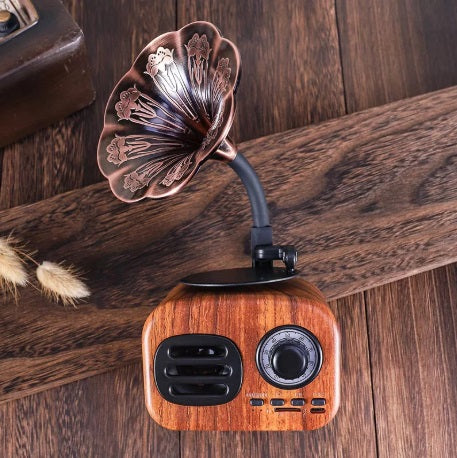 Boxă radio retro portabilă cu Bluetooth 4.1, FM, USB, TF, AUX, baterie 1200 mAh, design maro aspect de lemn