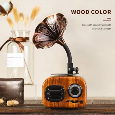 Boxă radio retro portabilă cu Bluetooth 4.1, FM, USB, TF, AUX, baterie 1200 mAh, design maro aspect de lemn