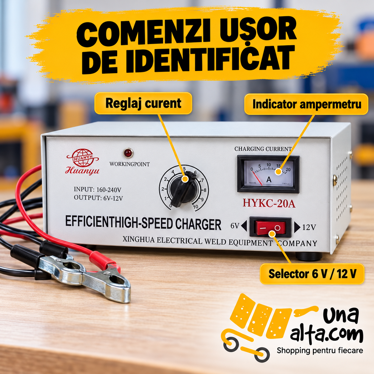 Panoul de comandă: reglaj curent, ampermetru și selector 6 V / 12 V
