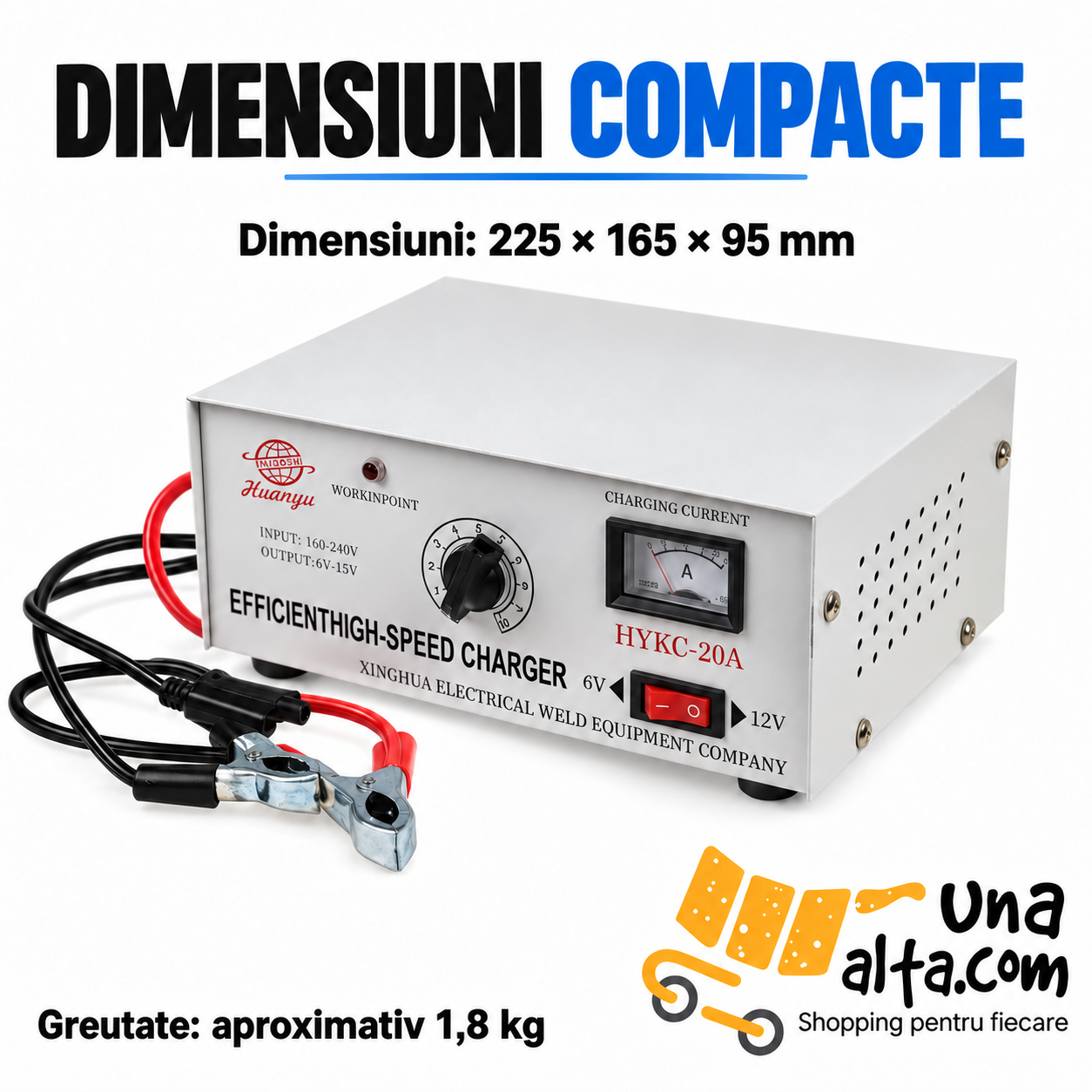 Dimensiuni redresor 225 × 165 × 95 mm, aproximativ 1,8 kg