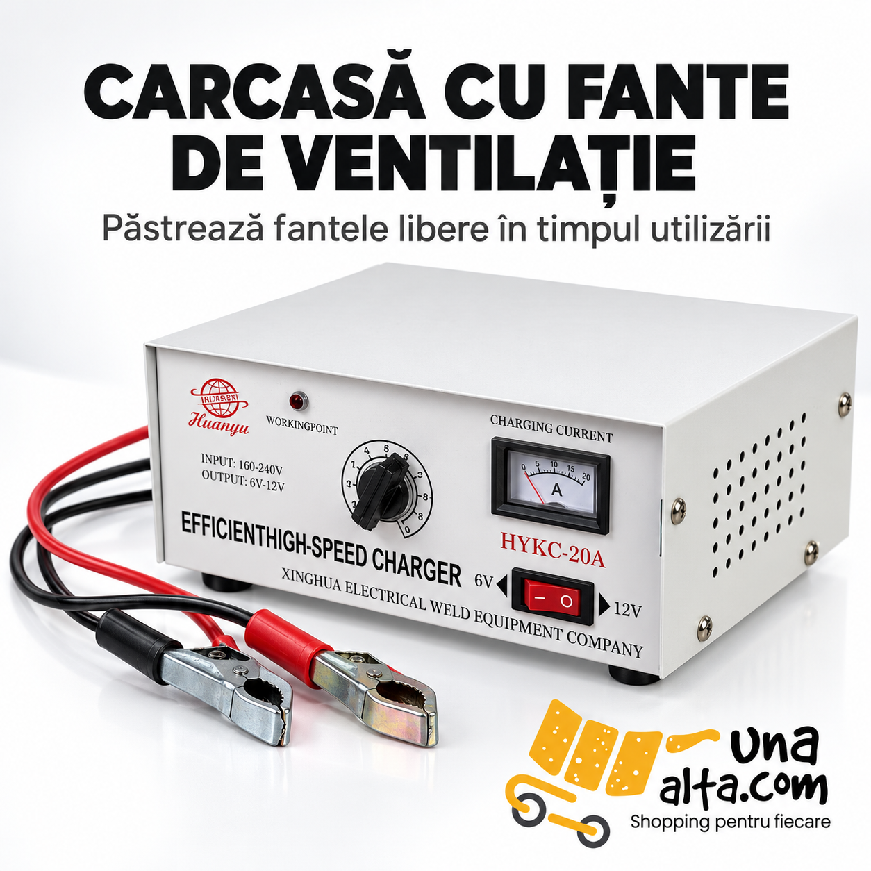 Carcasă metalică cu fante de ventilație și cabluri cu clești