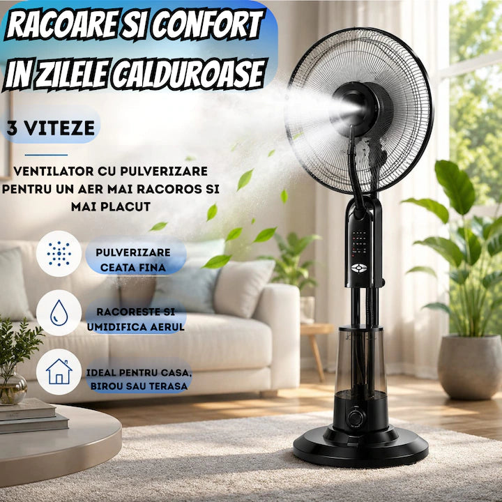 Ventilator cu Pulverizare Apa, 75W, Diametru 43 cm, 3 viteze, Timer 7.5 ore, Rezervor 3.2L, Silentios, Oscilatie 80 grade, Telecomanda, Racire rapida, Ideal pentru casa si terasa, Negru