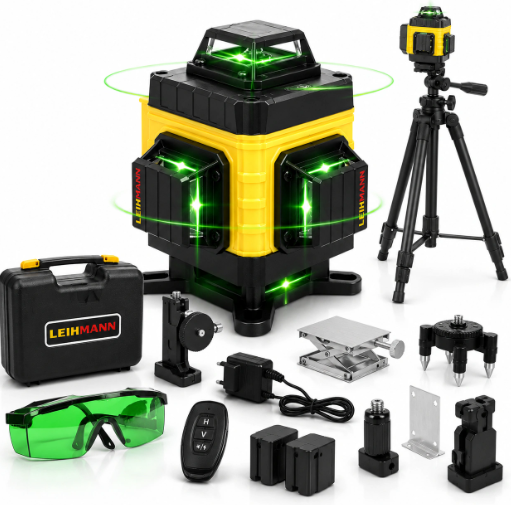 Nivela Laser 4D cu 16 Linii, Autonivelare, 2 Acumulatori, Lumina Verde, Trepied 150 cm, Telecomandă, Platformă Ridicare, Profesională
