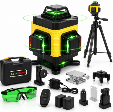 Nivela Laser 4D cu 16 Linii, Autonivelare, 2 Acumulatori, Lumina Verde, Trepied 150 cm, Telecomandă, Platformă Ridicare, Profesională