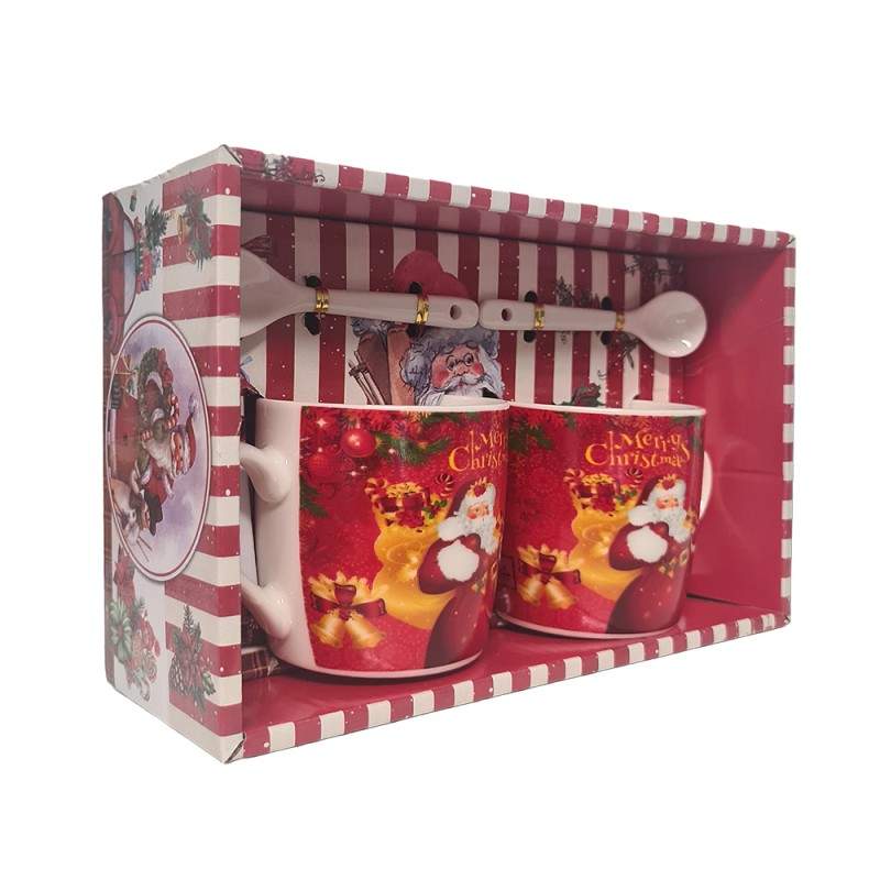 Set Cadou Craciun 4 piese, 2 Cani, 2 Lingurite, Model Mos Craciun Si Sacul Cu Cadouri, Cutie 22x14x7.5 cm, Rosu – imagine 4