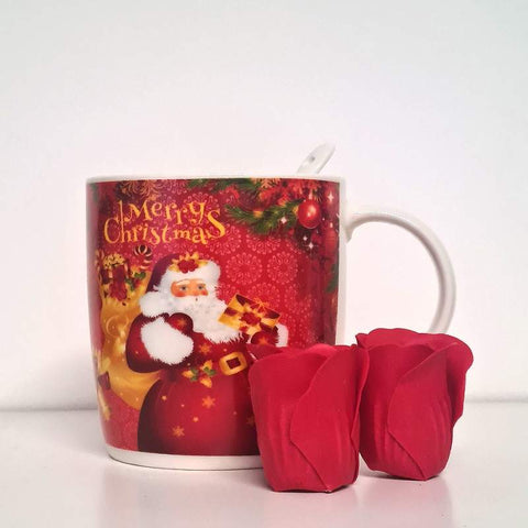 Set Cadou, Cana Craciun Din Ceramica Cu Lingurita, Ursulet Si Trandafiri Rosii In Ambalaj Cadou, Dimensiuni Cutie 28.3 x 17 x 9.5 cm, Rosu – imagine principală