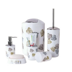 Set 6 accesorii pentru baie, dispenser săpun lichid, suport periuțe de dinți, săpunieră, pahar, perie toaletă cu suport, coș de gunoi, plastic