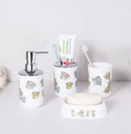 Set 6 accesorii pentru baie, dispenser săpun lichid, suport periuțe de dinți, săpunieră, pahar, perie toaletă cu suport, coș de gunoi, plastic