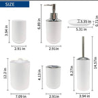 Set 6 accesorii pentru baie, dispenser săpun lichid, suport periuțe de dinți, săpunieră, pahar, perie toaletă cu suport, coș de gunoi, plastic