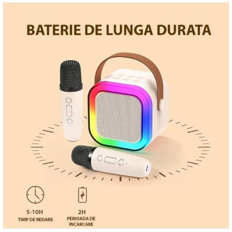 Set Karaoke cu 2 Microfoane, Boxa Portabila Bluetooth USB, Iluminare RGB cu 5 Moduri, Baterie Reincarcabila, 6 W RAE
