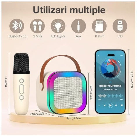 Set Karaoke cu 2 Microfoane, Boxa Portabila Bluetooth USB, Iluminare RGB cu 5 Moduri, Baterie Reincarcabila, 6 W RAE